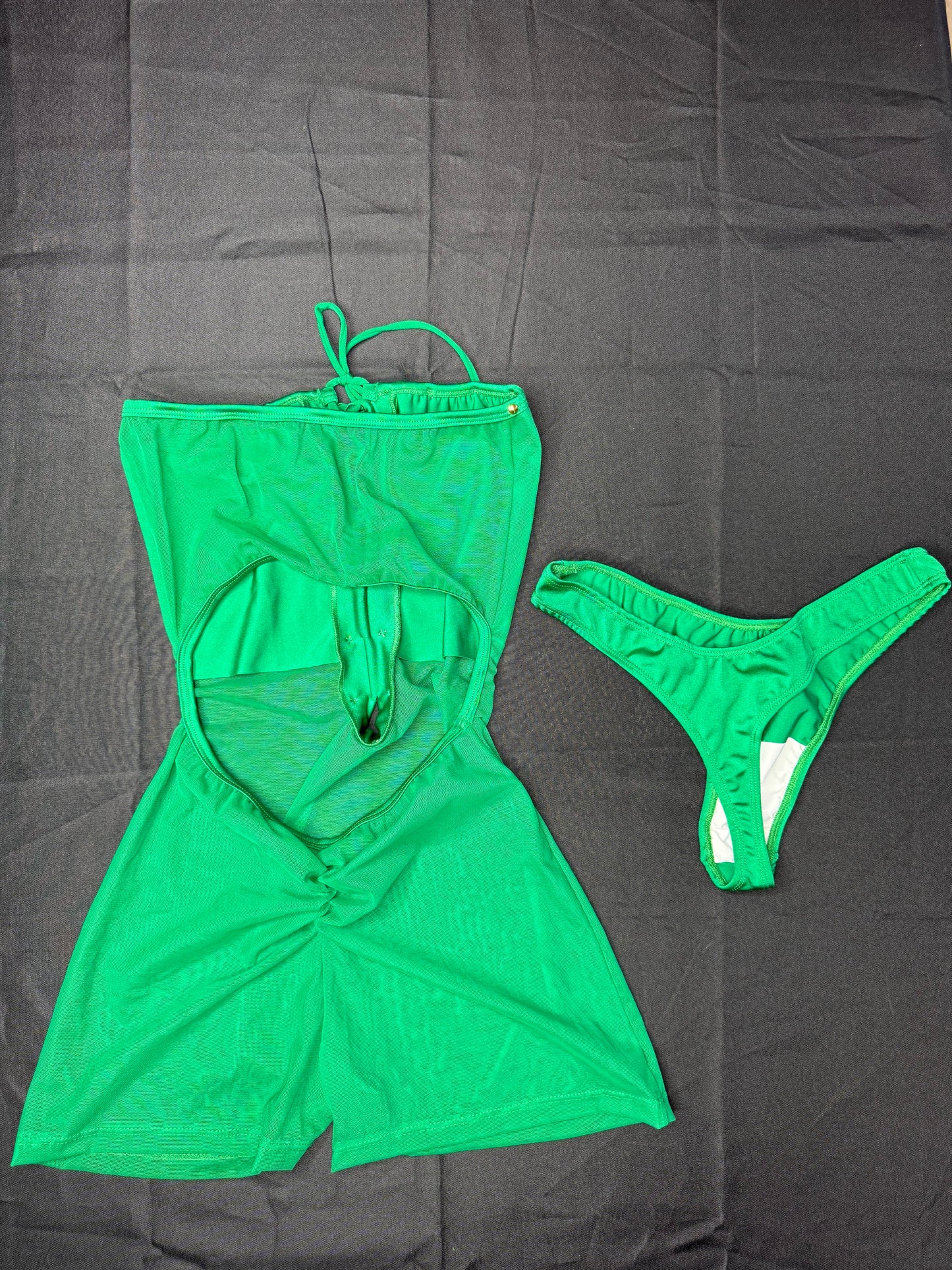 Hunter Green Three-Piece Sleeves/Cheeky Thong Lingerie Outfit