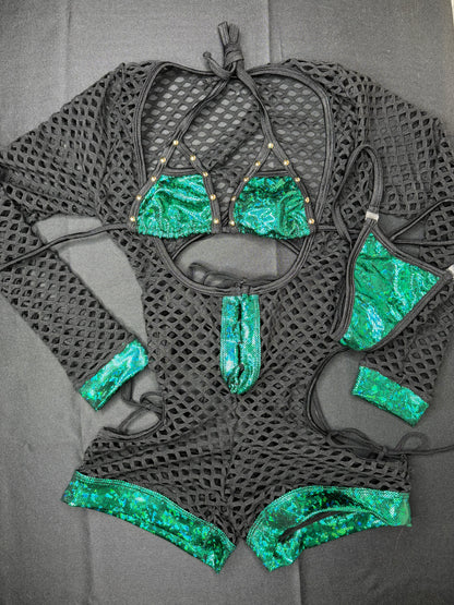 Black Fishnet Long Sleeve Romper One Piece | Metallic Green Stretch Fabric Bikini Top