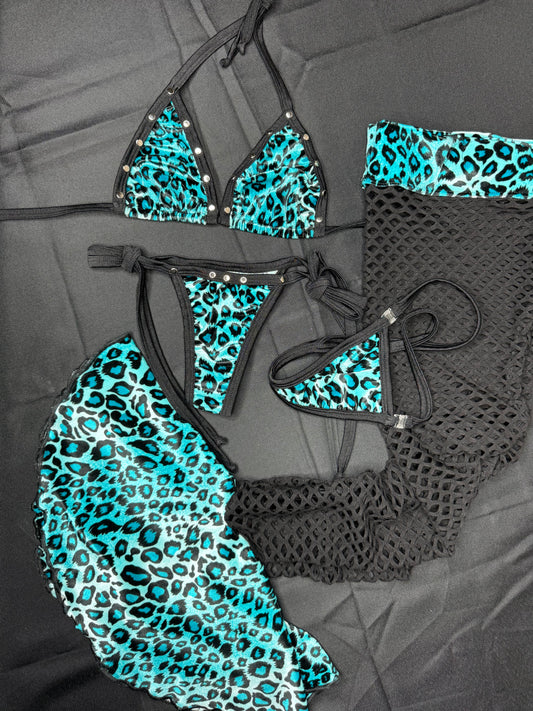 Velvet Animal Print/Black Fishnet Spandex Leg Lingerie Outfit