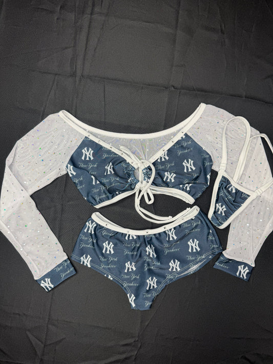 Yankees Blue Spandex/White Mesh Long Sleeve/Shorts Two-Piece Lingerie Outfit