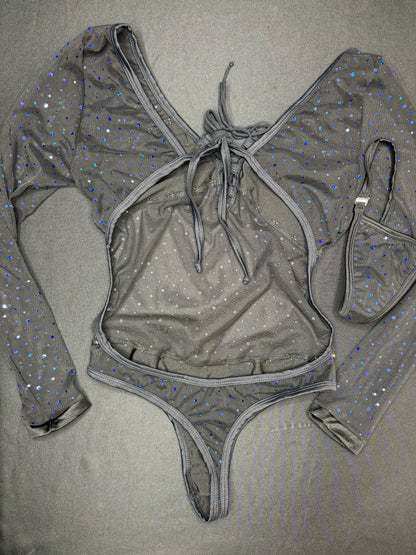Black Mesh One-Piece Leotard Lingerie Outfit