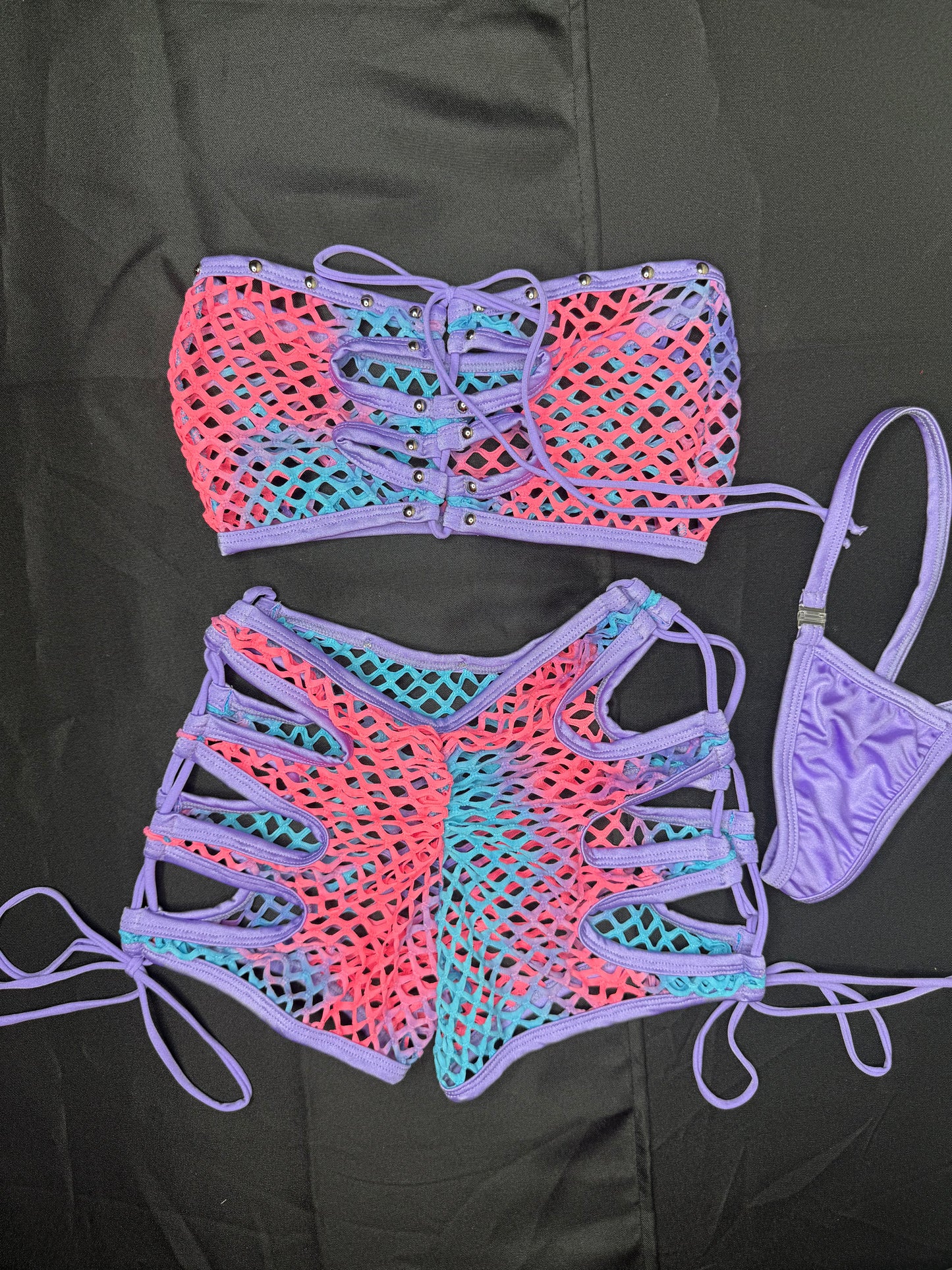 Lavender Ombré Fishnet Tube-Top/Shorts Two-Piece Lingerie Outfit