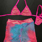 Metallic Hot Pink/Cyan Ombré Fishnet Spandex Shorts/Bikini Top Two-Piece Lingerie Outfit