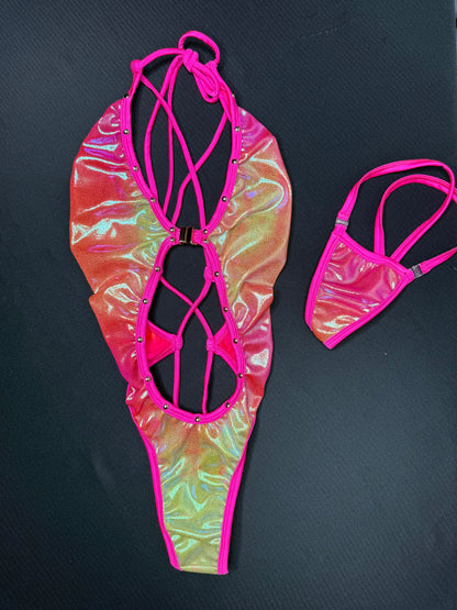 Hot Pink/Yellow Ombré One-Piece Lingerie Outfit