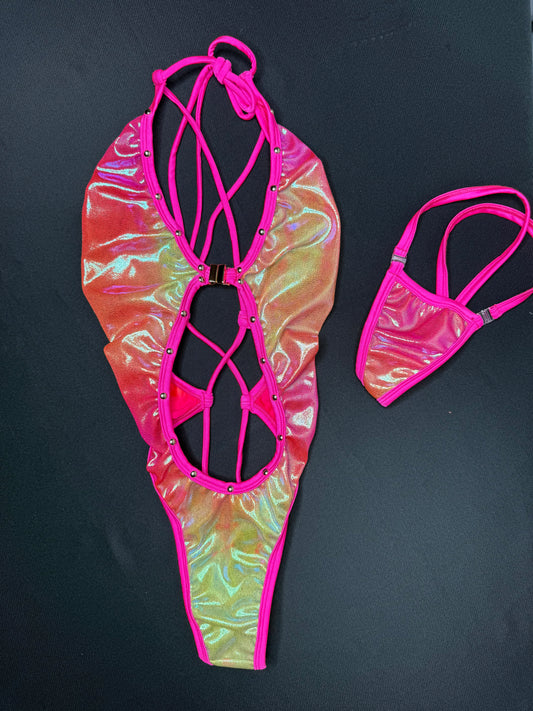 Hot Pink/Yellow Ombré One-Piece Lingerie Outfit