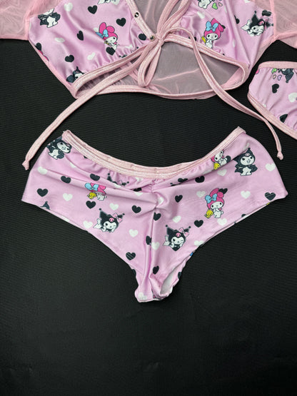 Baby Pink Kuromi Two-Piece Shorts Lingerie Outfit