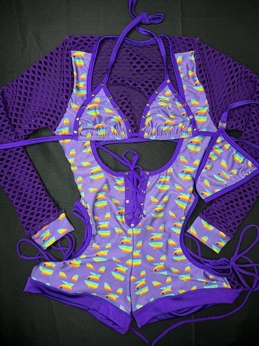 Purple Bunny Rainbow Pride One-Piece Romper Lingerie Outfit