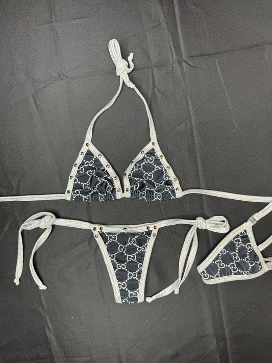 Black Designer/Metallic Silver Spandex Two-Piece Bikini Lingerie Outfit