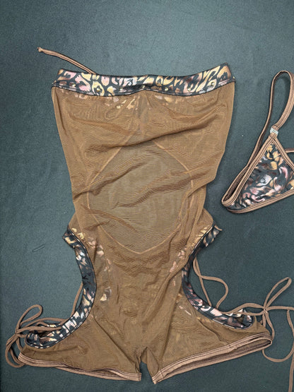 Cheetah Animal Print Spandex/Chocolate Mesh One-Piece Lingerie Outfit
