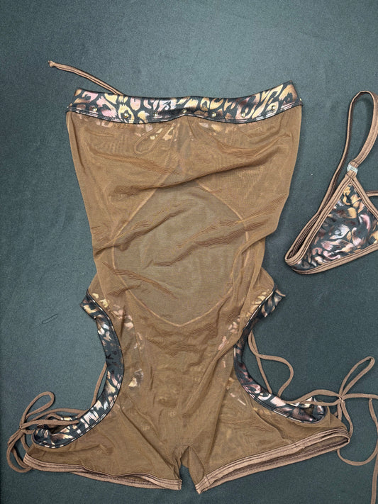 Cheetah Animal Print Spandex/Chocolate Mesh One-Piece Lingerie Outfit
