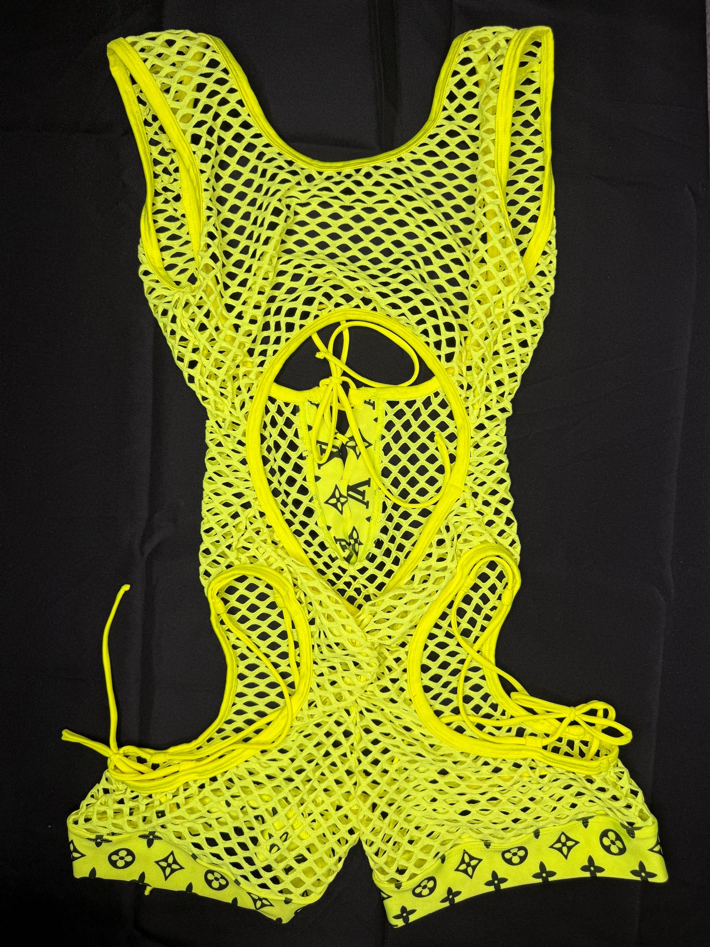 Neon Yellow Designer Spandex Fishnet Romper/Bikini Top One-Piece Lingerie Outfit