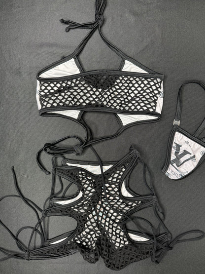 White Bandana/Black Fishnet Two-Piece Shorts/Sports Bra Lingerie Outfit