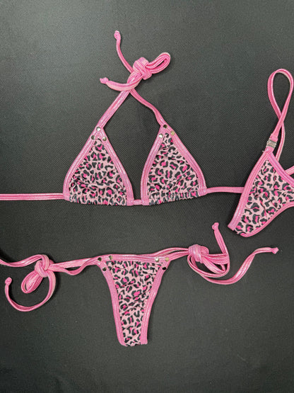 Pink Cheetah Print Spandex/Pink Microdot Two-Piece Side-Tie Bikini Lingerie Outfit