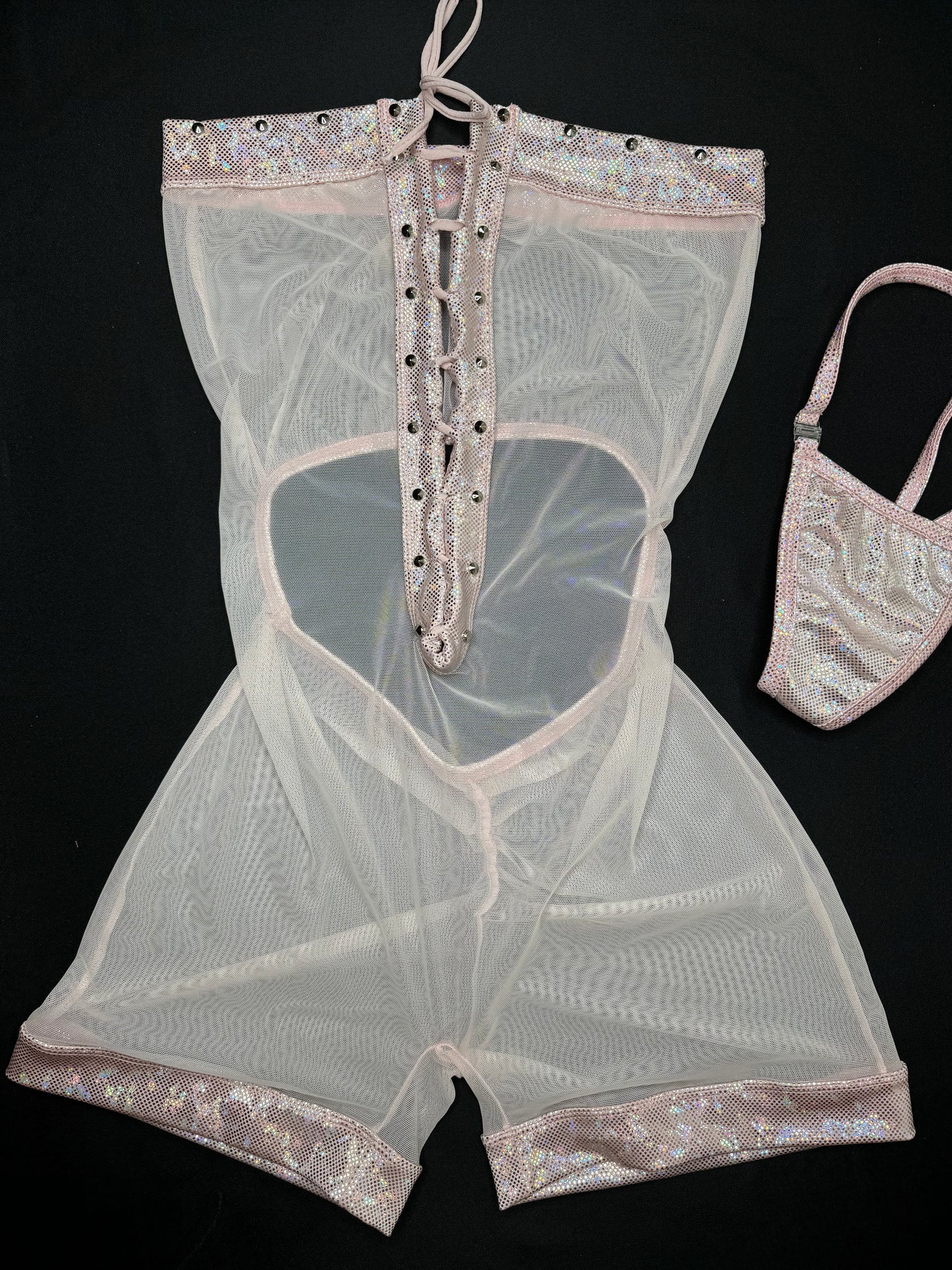 Metallic Pink/Pink Mesh One-Piece Lingerie Outfit