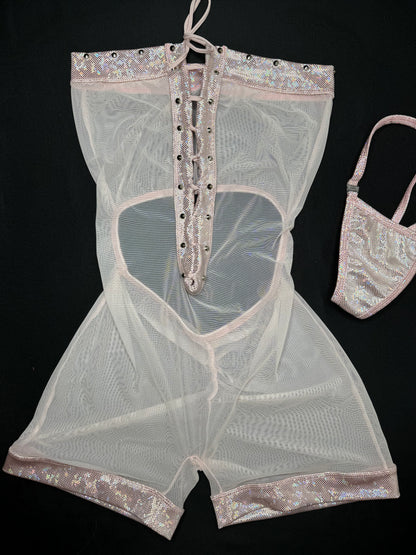 Metallic Pink/Pink Mesh One-Piece Lingerie Outfit