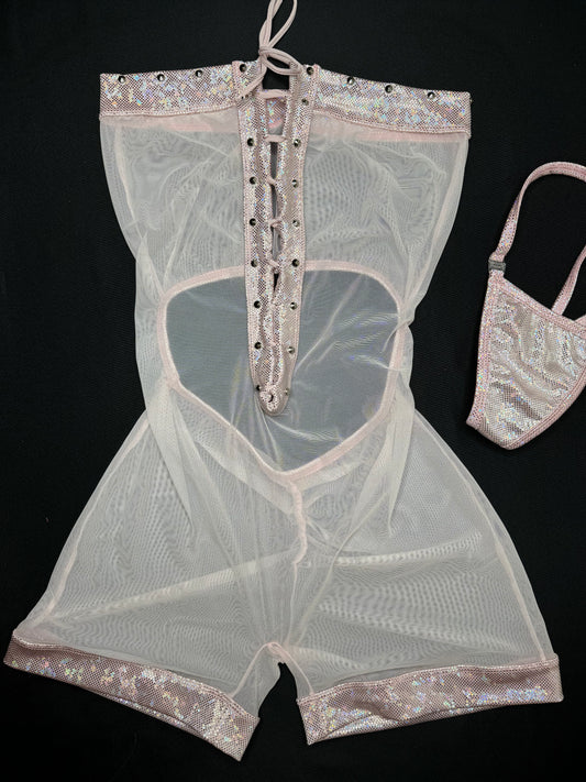 Metallic Pink/Pink Mesh One-Piece Lingerie Outfit