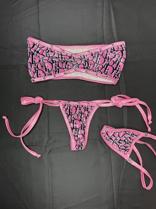 Hot Pink Designer VELVET/Spandex Tube Top/Side Tie Bikini Lingerie Outfit