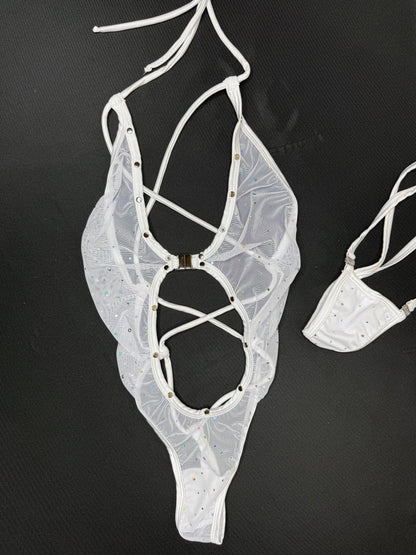 White Sparkle Mesh One-Piece Lingerie Outfit