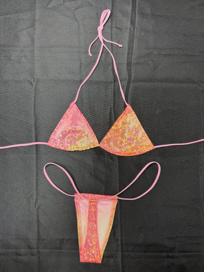 Metallic Pink/Orange/Yellow Spandex Two-Piece Micro Bikini Lingerie Outfit
