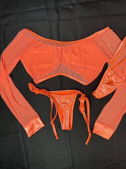 Metallic Orange Spandex/Orange Mesh Long Sleeve Two-Piece Lingerie Outfit
