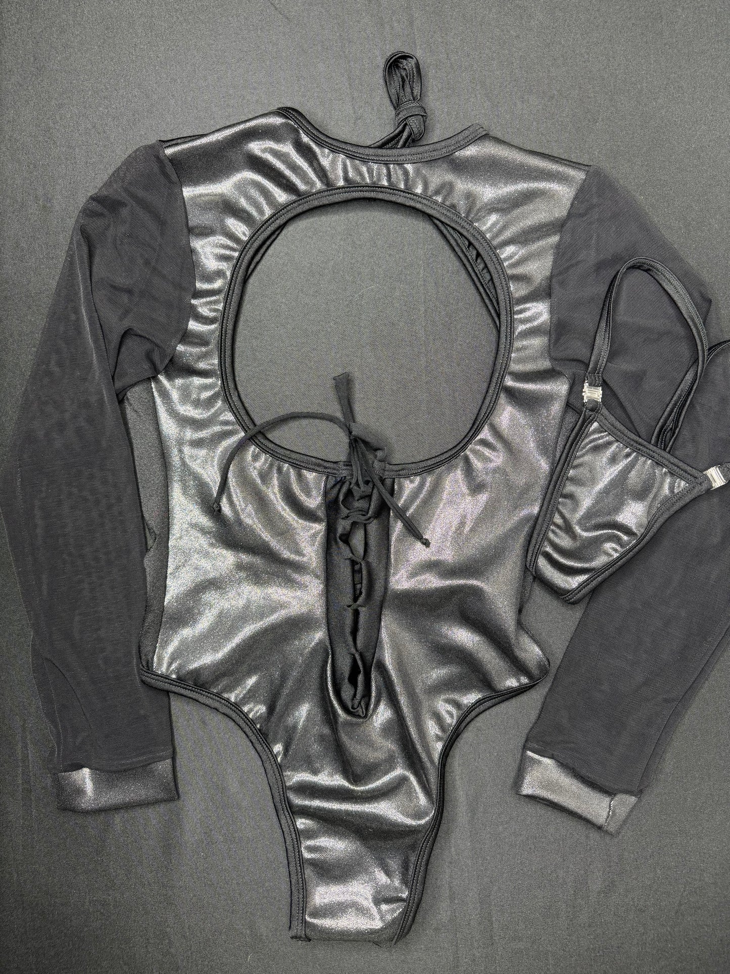 Metallic Black/Black Mesh One-Piece Leotard Lingerie Outfit