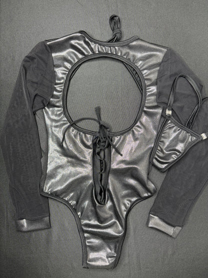 Metallic Black/Black Mesh One-Piece Leotard Lingerie Outfit
