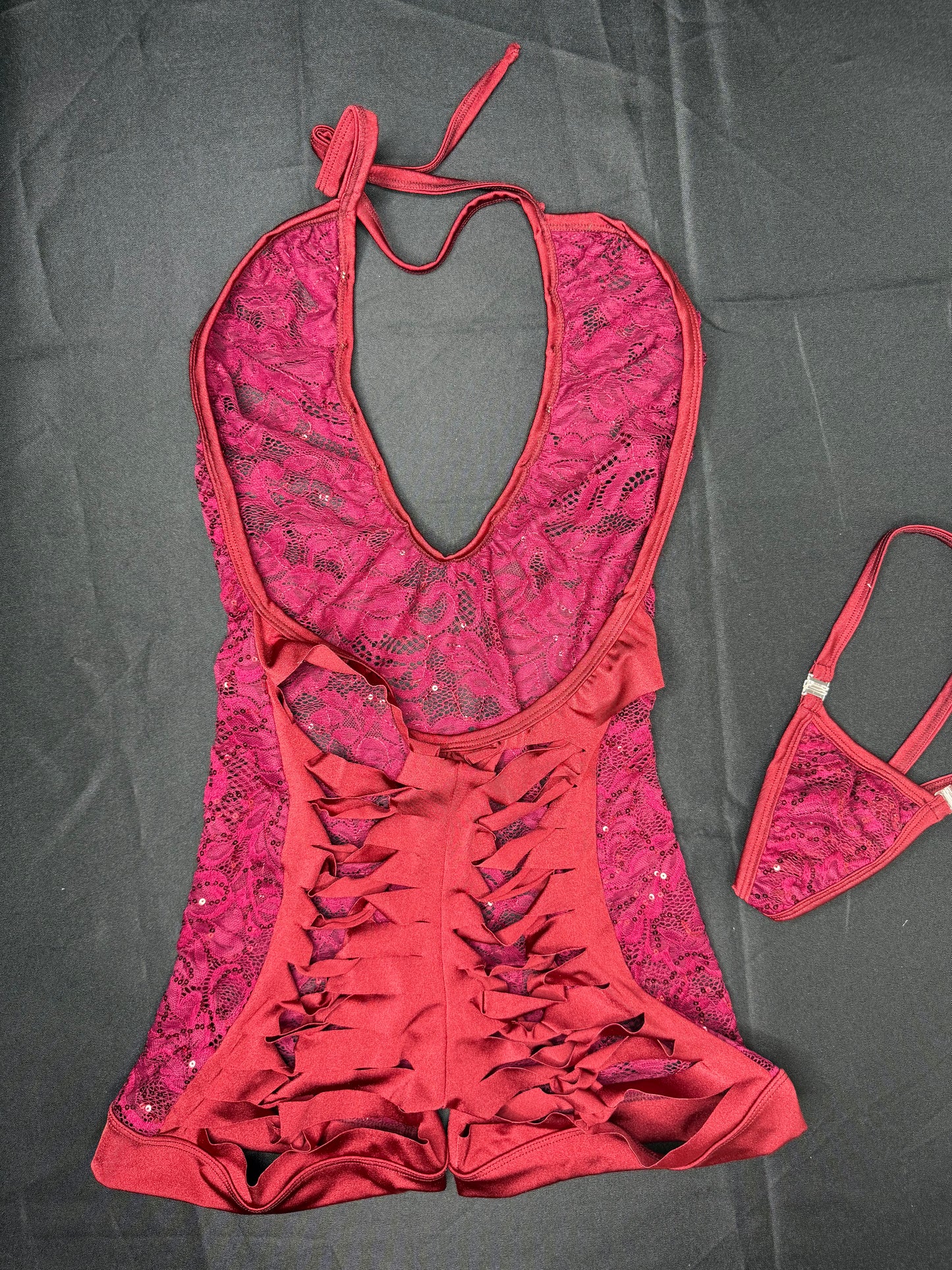 Burgundy Sequins Lace Ripped Back One-Piece Lingerie Outfit