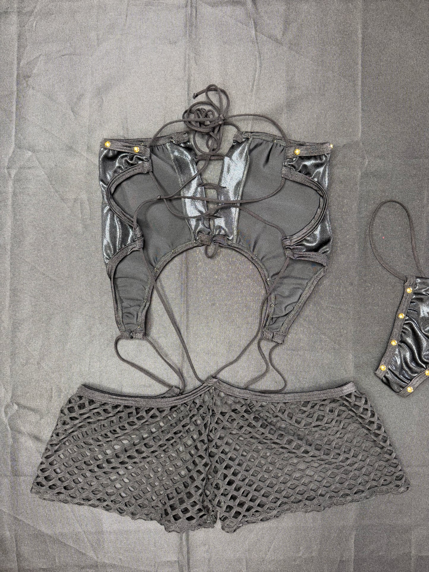 Metallic Black/Black Fishnet Spandex One-Piece Lingerie Outfit