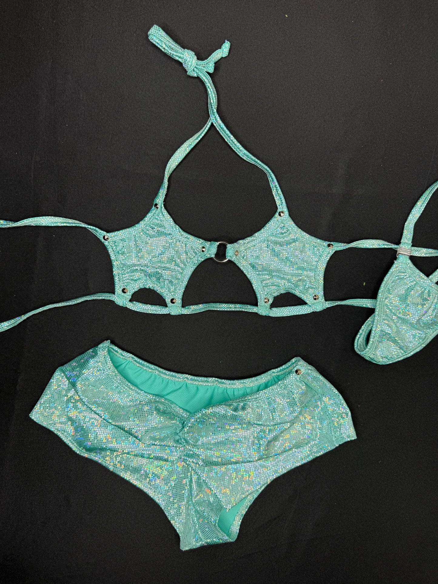 Metallic Mint Star Bikini Top/Shorts Two-Piece Lingerie Outfit