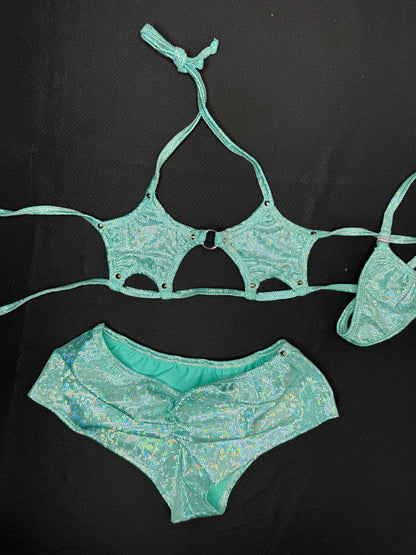Metallic Mint Star Bikini Top/Shorts Two-Piece Lingerie Outfit