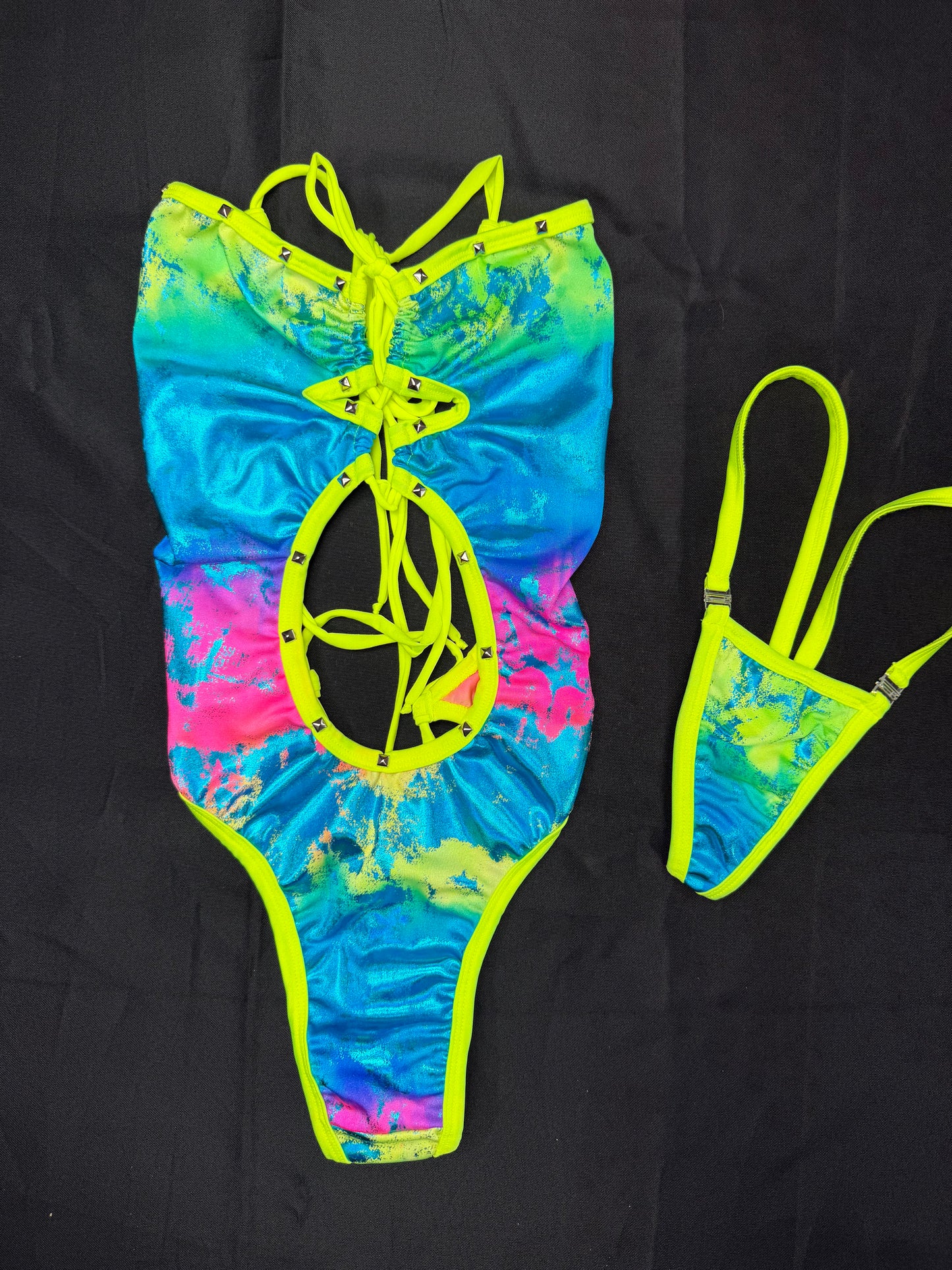 Neon Yellow/Multi Color Spandex One-Piece Lingerie Outfit