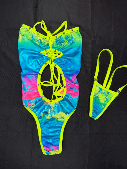 Neon Yellow/Multi Color Spandex One-Piece Lingerie Outfit