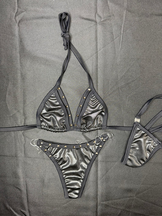Metallic Black Spandex Two-Piece Silicone String Bottoms Bikini Lingerie Outfit