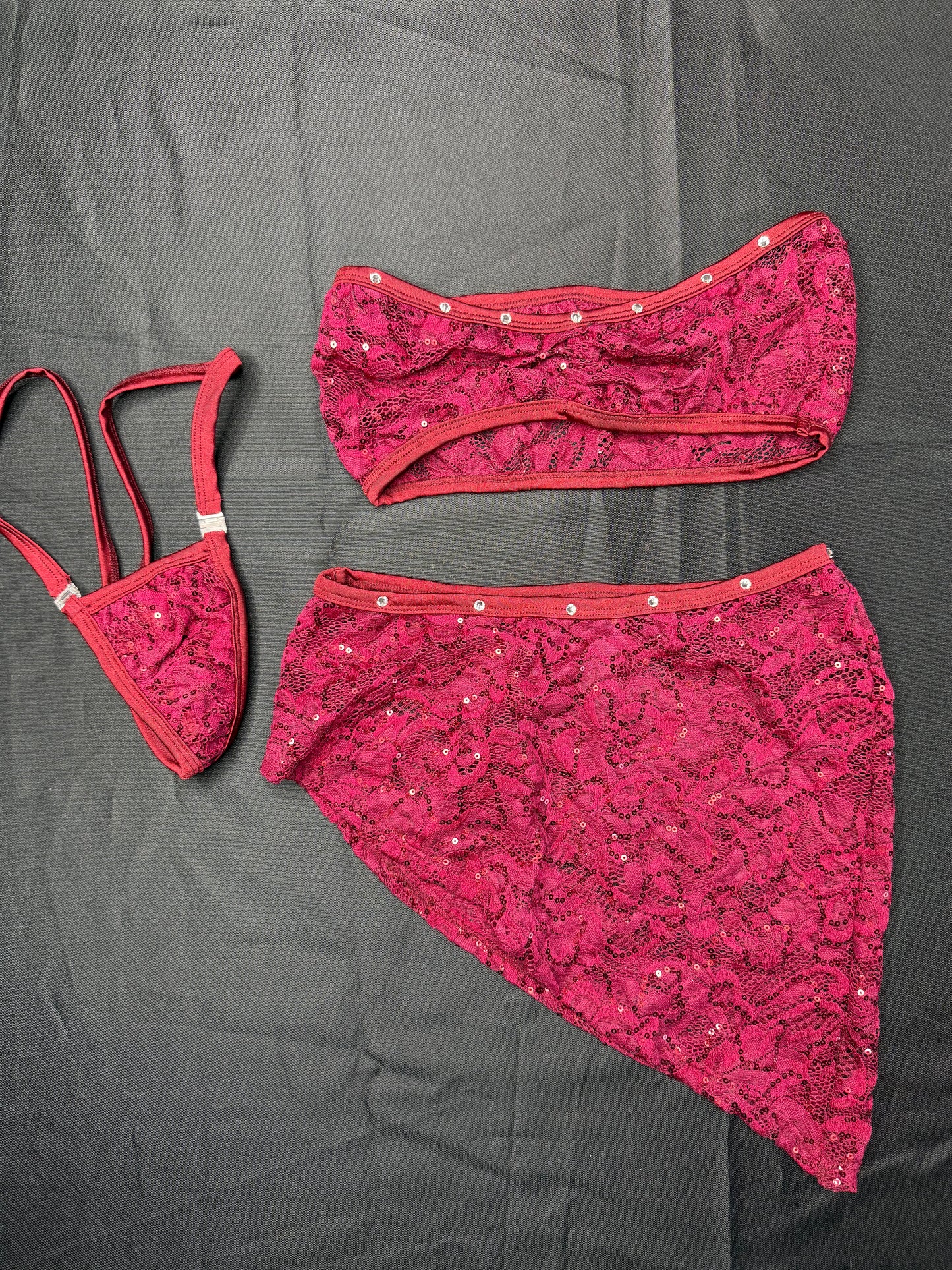 Burgundy Sequence Lace Two-Piece Tube-Top/Skirt Lingerie Outfit