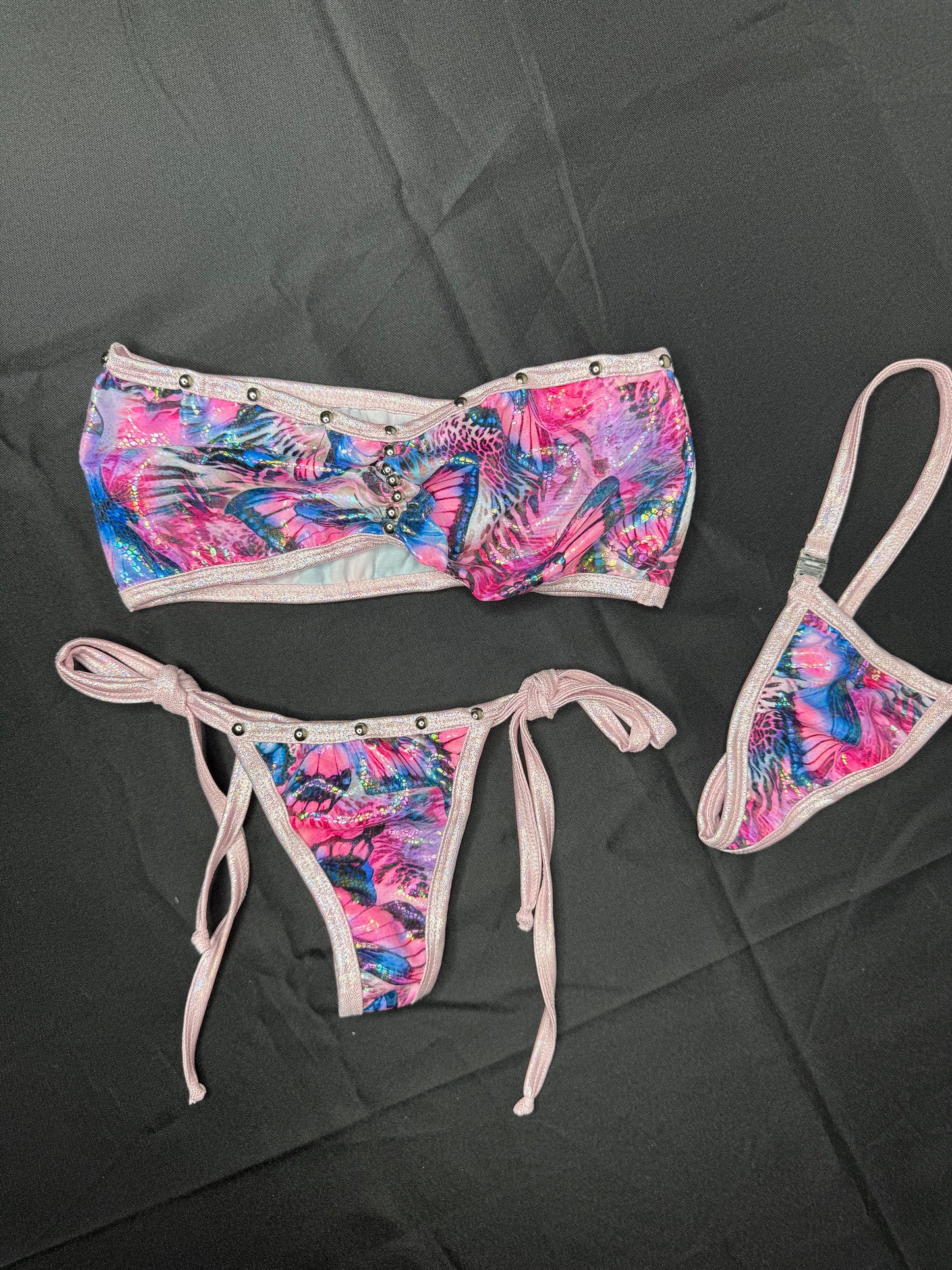 Butterfly Print Spandex Tube Top/Side-Tie Bikini Bottoms Two-Piece Lingerie Outfit