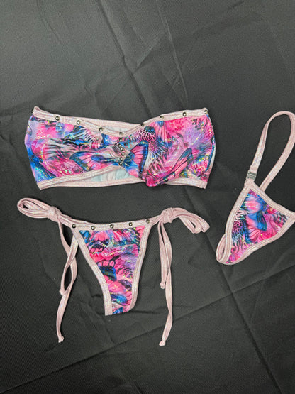 Butterfly Print Spandex Tube Top/Side-Tie Bikini Bottoms Two-Piece Lingerie Outfit