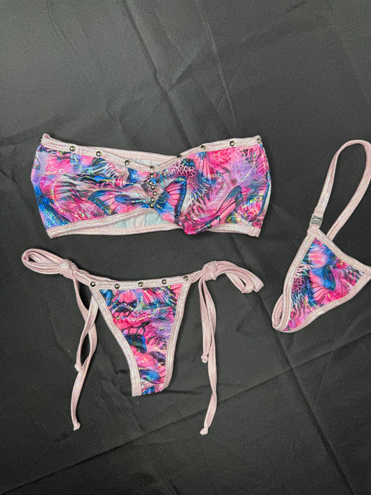 Butterfly Print Spandex Tube Top/Side-Tie Bikini Bottoms Two-Piece Lingerie Outfit