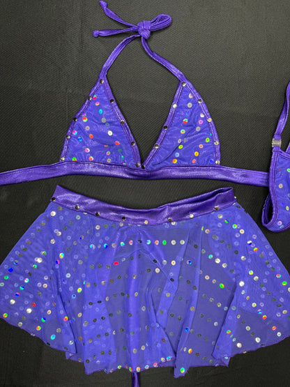 Purple Spandex/Purple Mesh Bikini Top/Skirt Two-Piece Lingerie Outfit