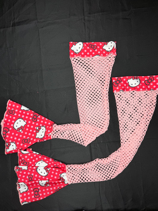Red/Baby Pink Kitty Print Spandex Bikini Top/Side Tie Thong Leg Lingerie Outfit