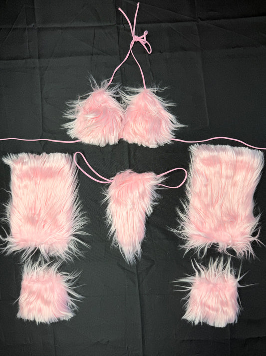 Baby Pink Fur 4-Piece Bikini Top/Thong Wrist & Armlet Lingerie Outfit