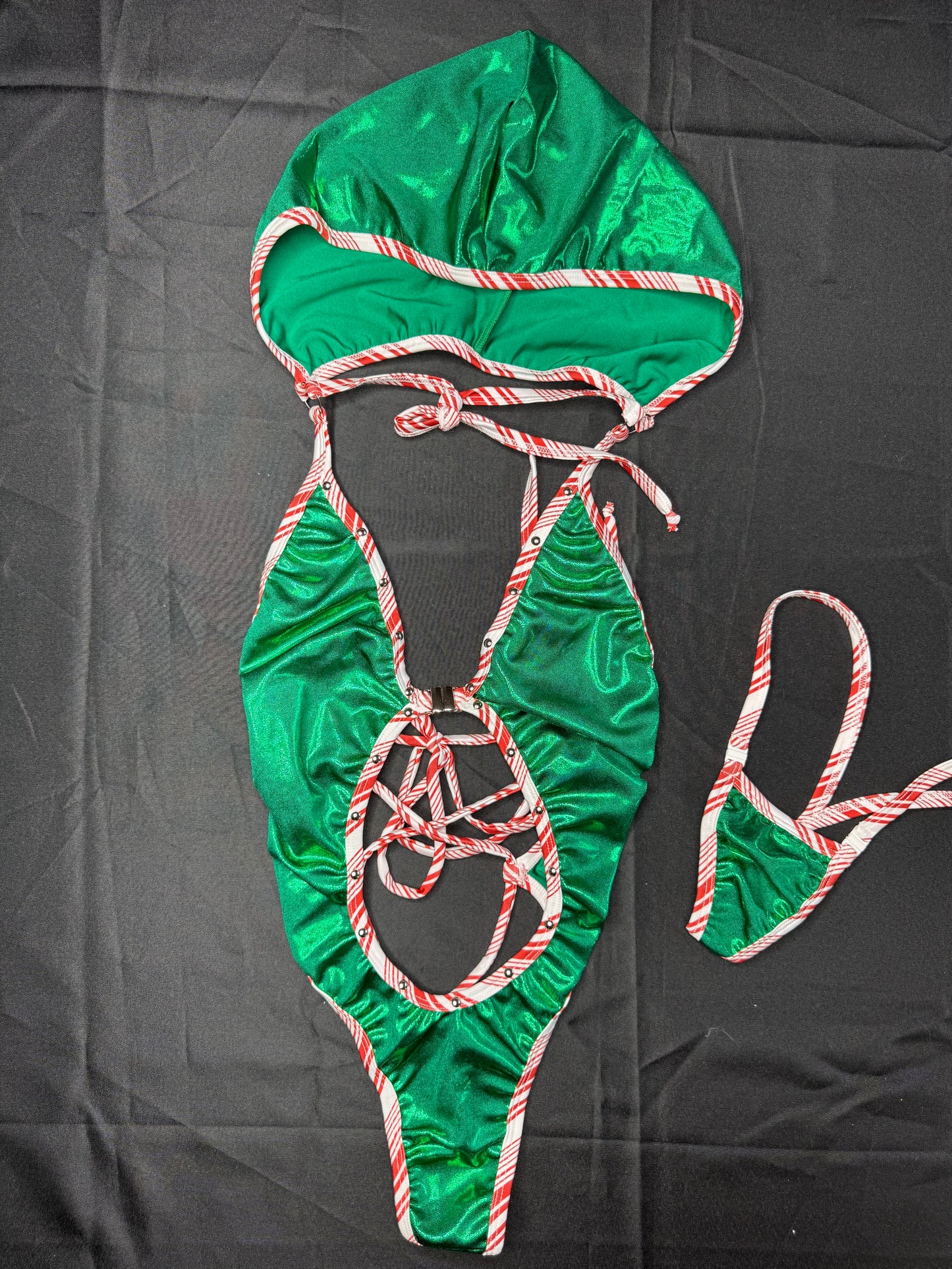 Metallic Green Spandex One-Piece Hoodie Christmas Lingerie Outfit