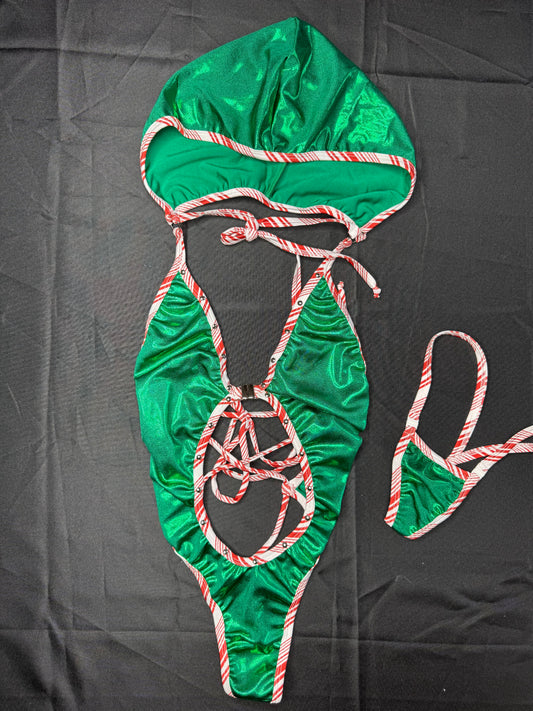 Metallic Green Spandex One-Piece Hoodie Christmas Lingerie Outfit