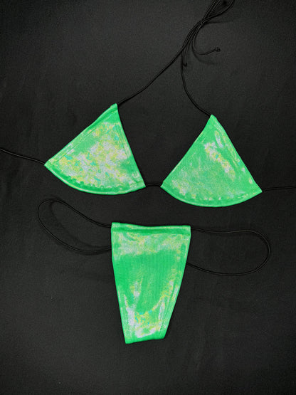 Mystic Green Reflective Two-Piece Micro Bikini Lingerie Outfit