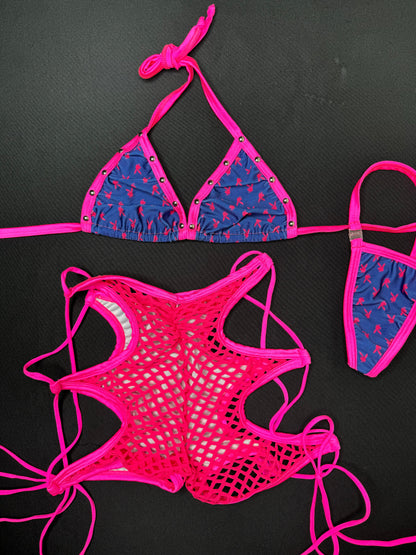 Hot Pink Bunny Two-Piece Shorts/Bikini Top Lingerie Outfit