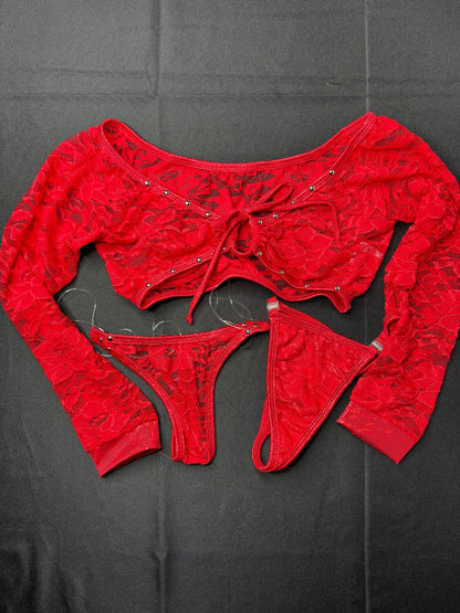 Metallic Red/Red Flower Pattern Lace Long Sleeve Valentine’s Day Exotic Dancer Outfit