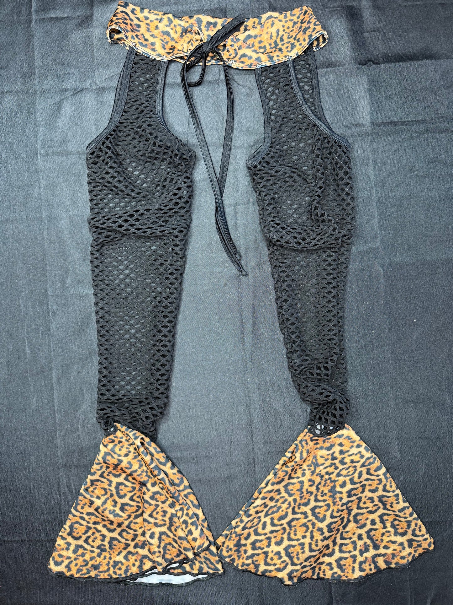 Cheetah Animal Print/Black Fishnet Spandex Chaps Leg Outfit/Cheeky Thong/Top Lingerie Outfit
