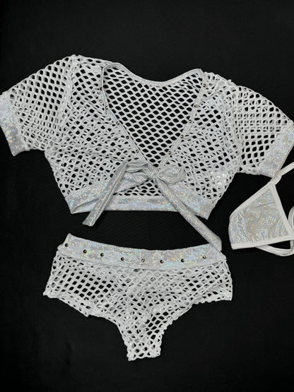 Metallic Silver/White Fishnet Two-Piece Lingerie Outfit