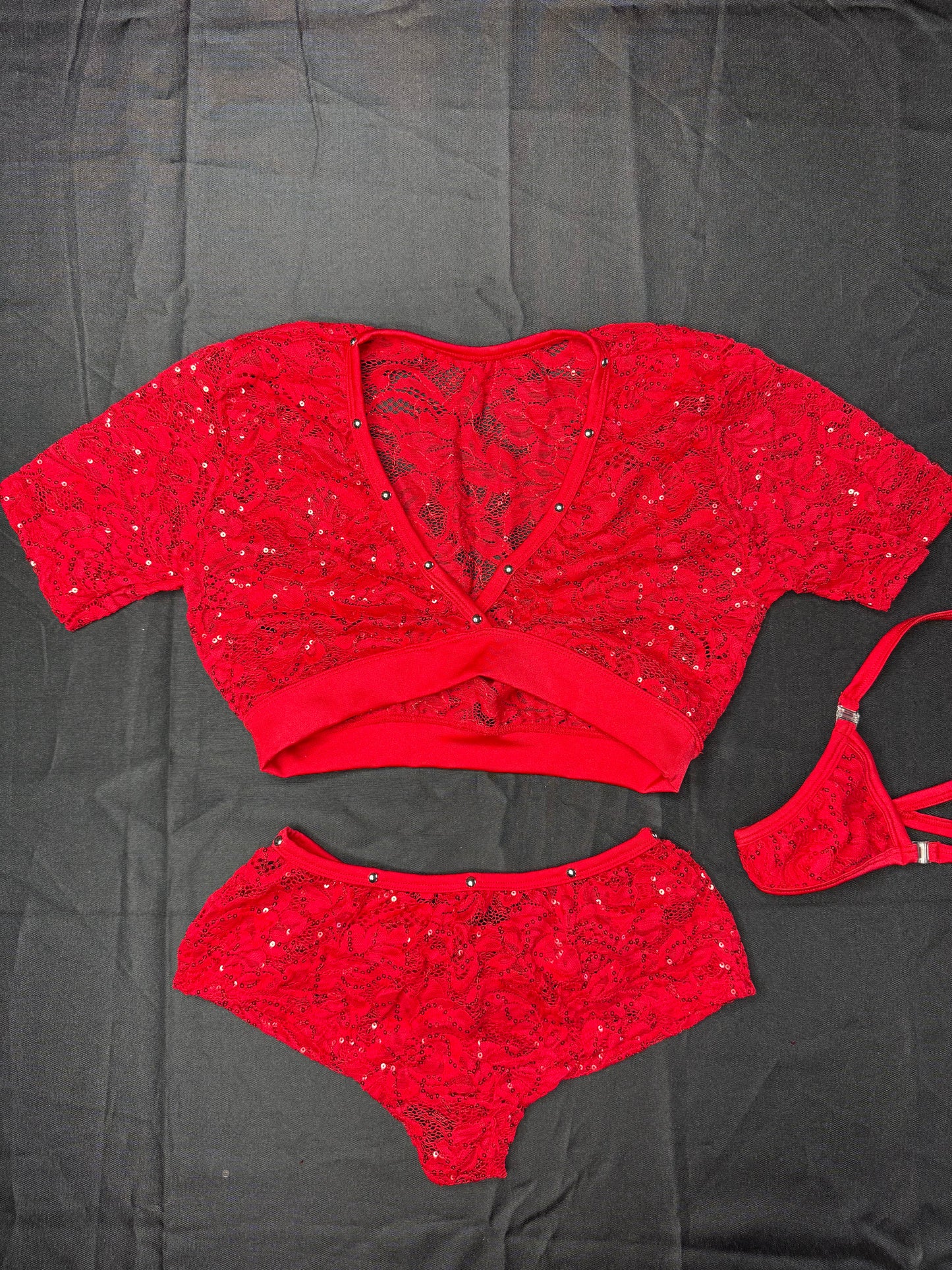 Red Sequence Lace Short Sleeve/Shorts Two-Piece Lingerie Outfit