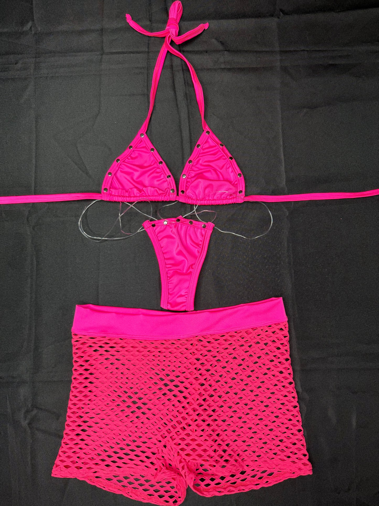 Hot Pink Spandex Bikini-Top Spandex Three-Piece Shorts Lingerie Outfit