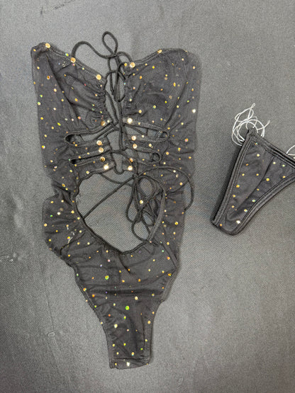 Black Sparkle Mesh One-Piece Lingerie Outfit